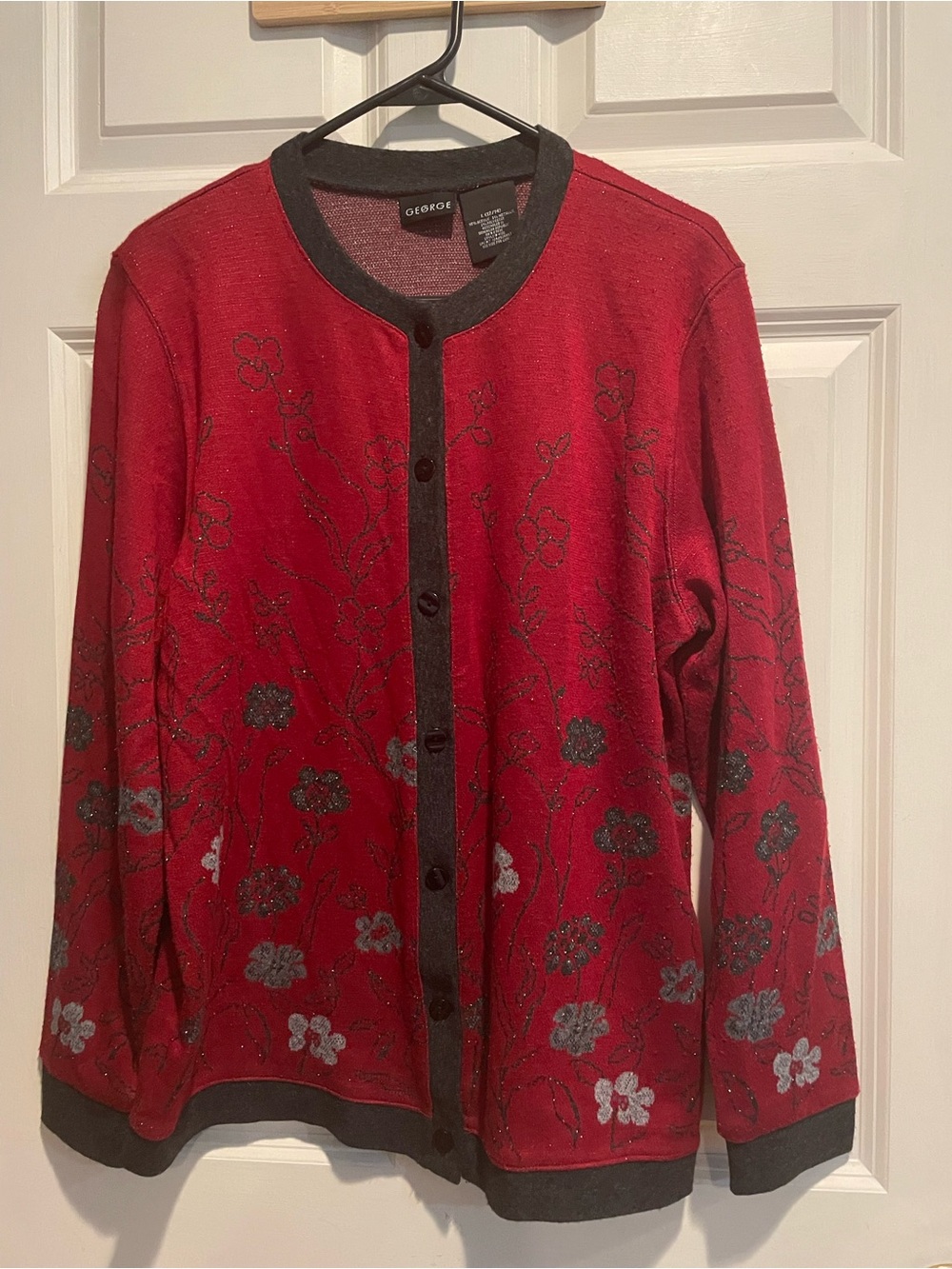 GEORGE Burgundy Red Floral Button-Front Cardigan with Dark Gray Trim Sz L